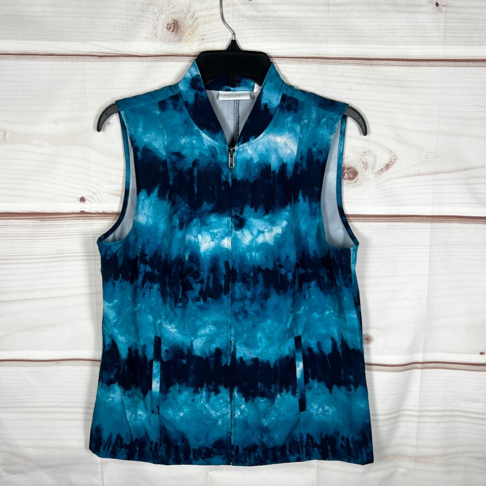 Chico's Weekends Vest Womens 1 M Blue Tie Dye Full Zip Mock Neck Pockets Stretch